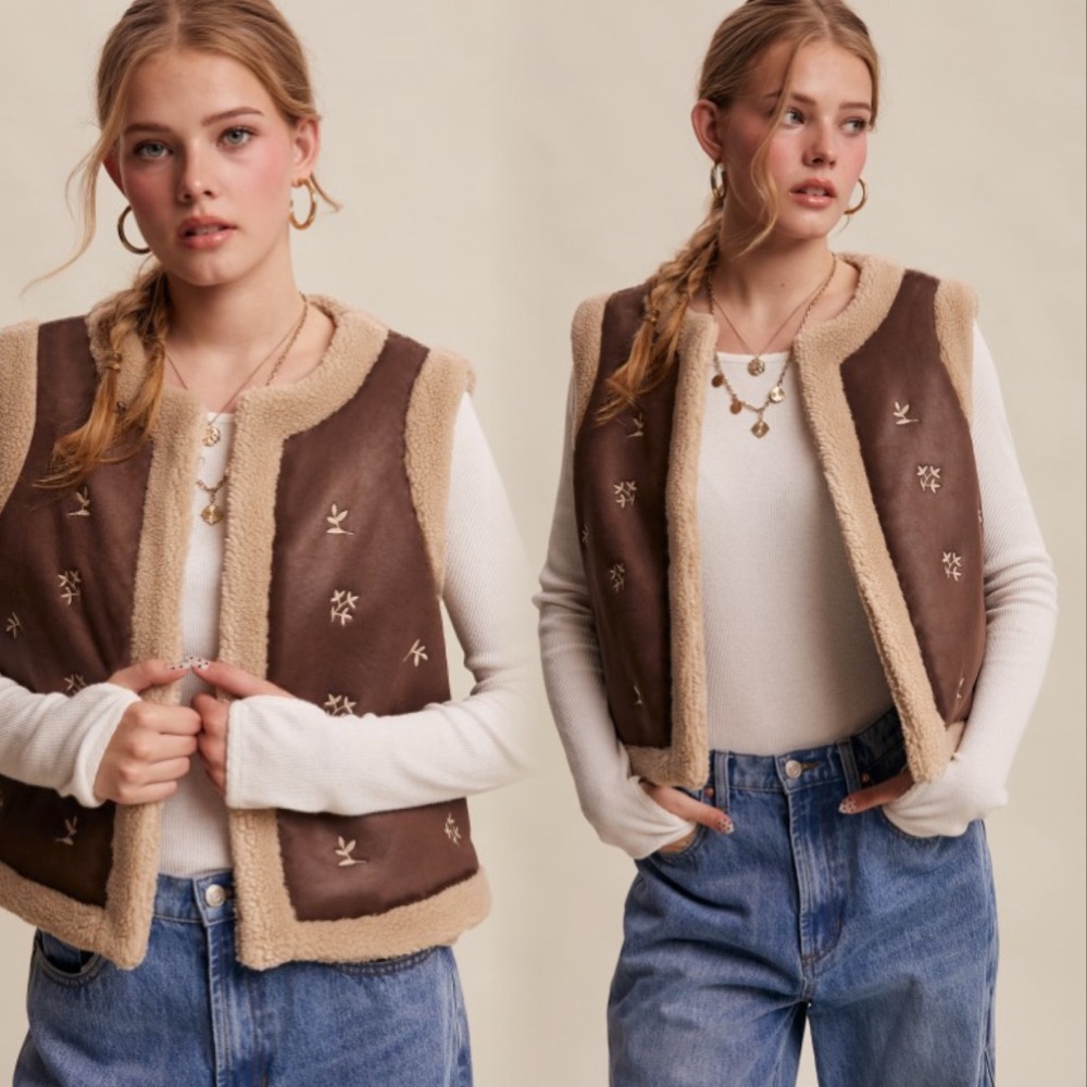 Brown and Cream Embroidered Faux Suede With Shearling Western Women's Vest